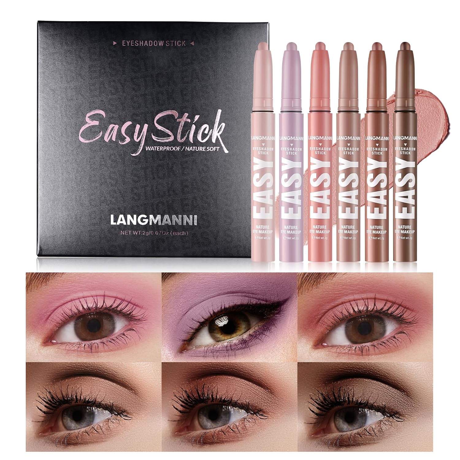 LANGMANNI 6 Piece Waterproof Creamy Eyeshadow Stick Set Long-Lasting Colors for Women - Image 2