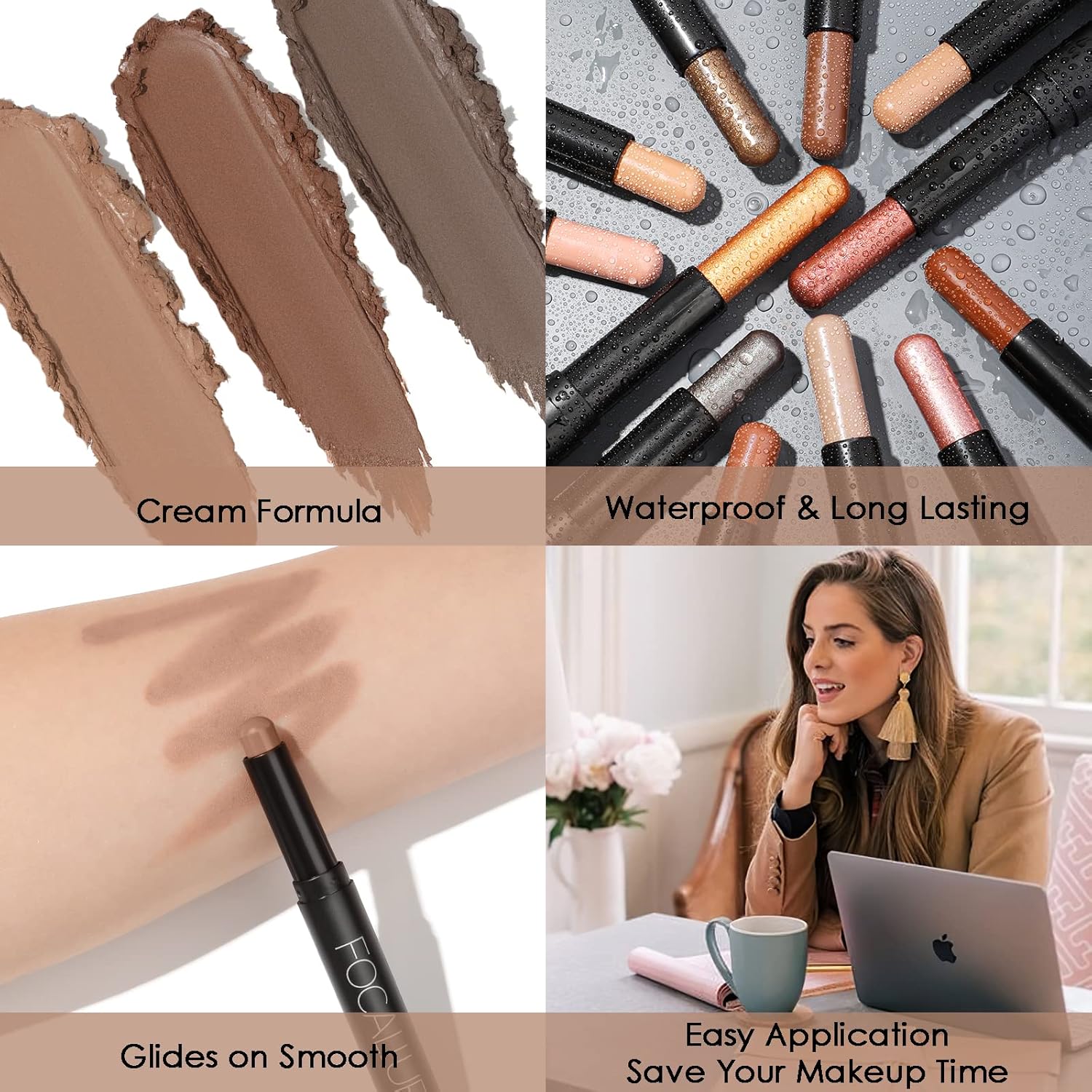 FOCALLURE 3-Piece Cream Eyeshadow Stick Set Waterproof Shimmer Highlighter Makeup Kit - Image 5