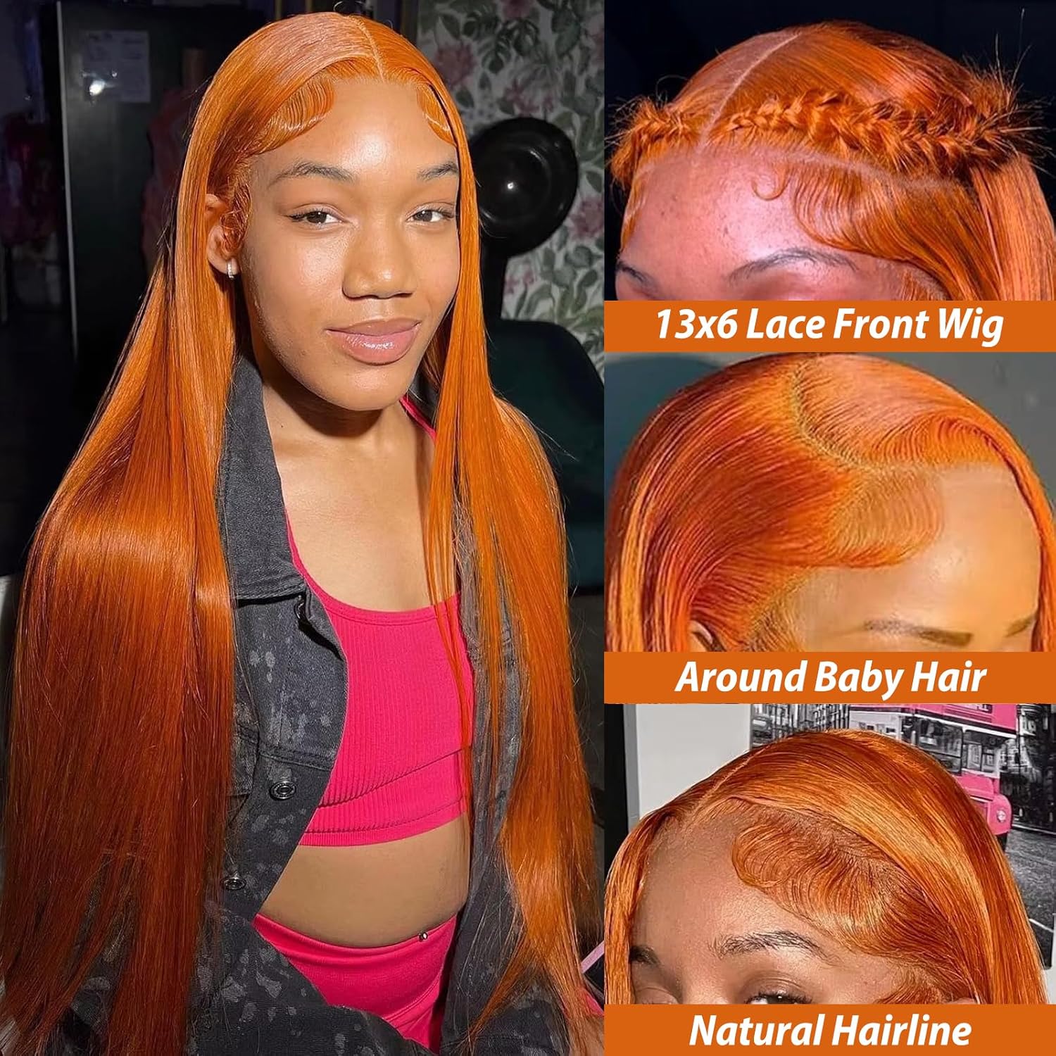 Ginger Orange 13x6 Lace Front Wig for Women, 30 Inch Straight Human Hair, 180% Density - Image 2