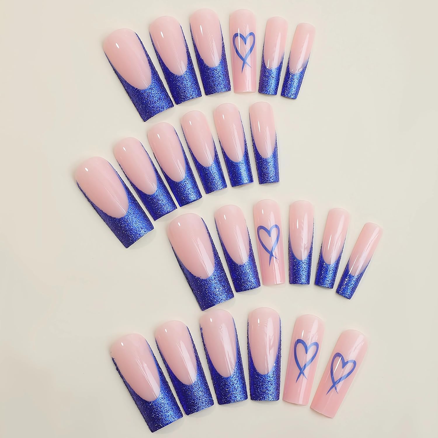 BABALAL 24 Piece Long Square Blue French Tip Glitter Heart Press On Nails Set - Image 3
