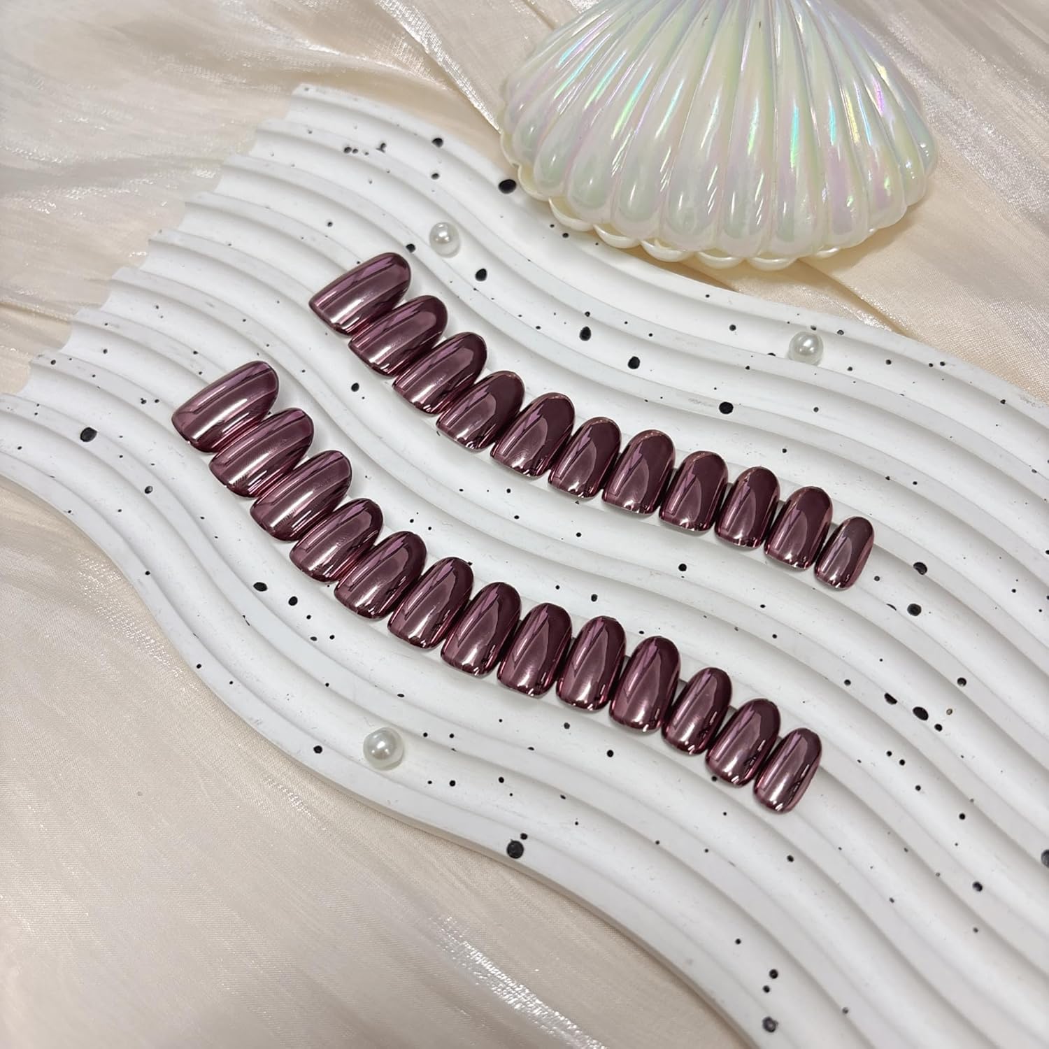 Rose Red Chrome Short Almond Press On Nails 24Pcs Metallic Acrylic Glue On Women - Image 4