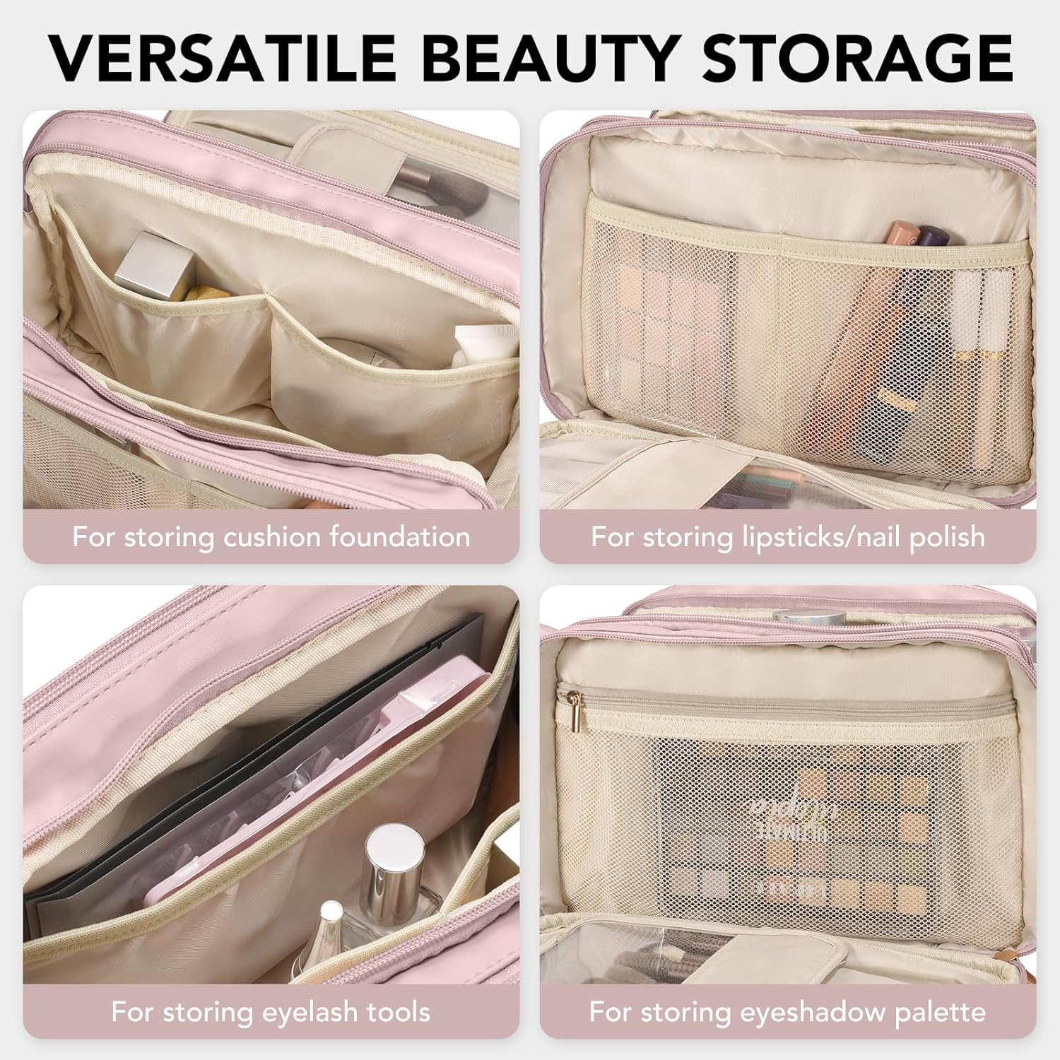Large Capacity Pink Waterproof Travel Makeup Bag with Vertical Brush Holder - Image 4