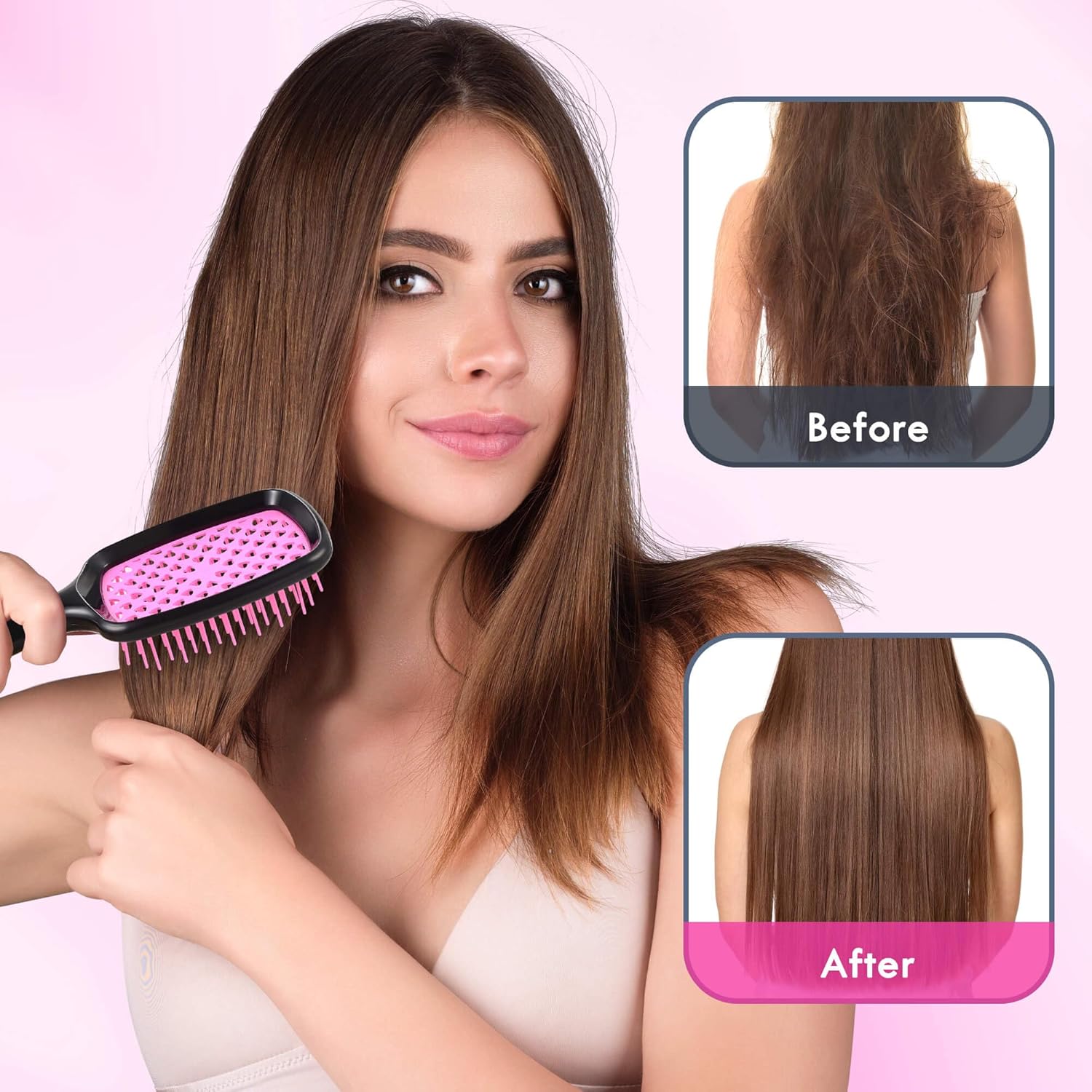 Vented Detangling Hair Brush Set - 2 Pack Regular and Mini Round for All Hair Types - Pink - Image 4