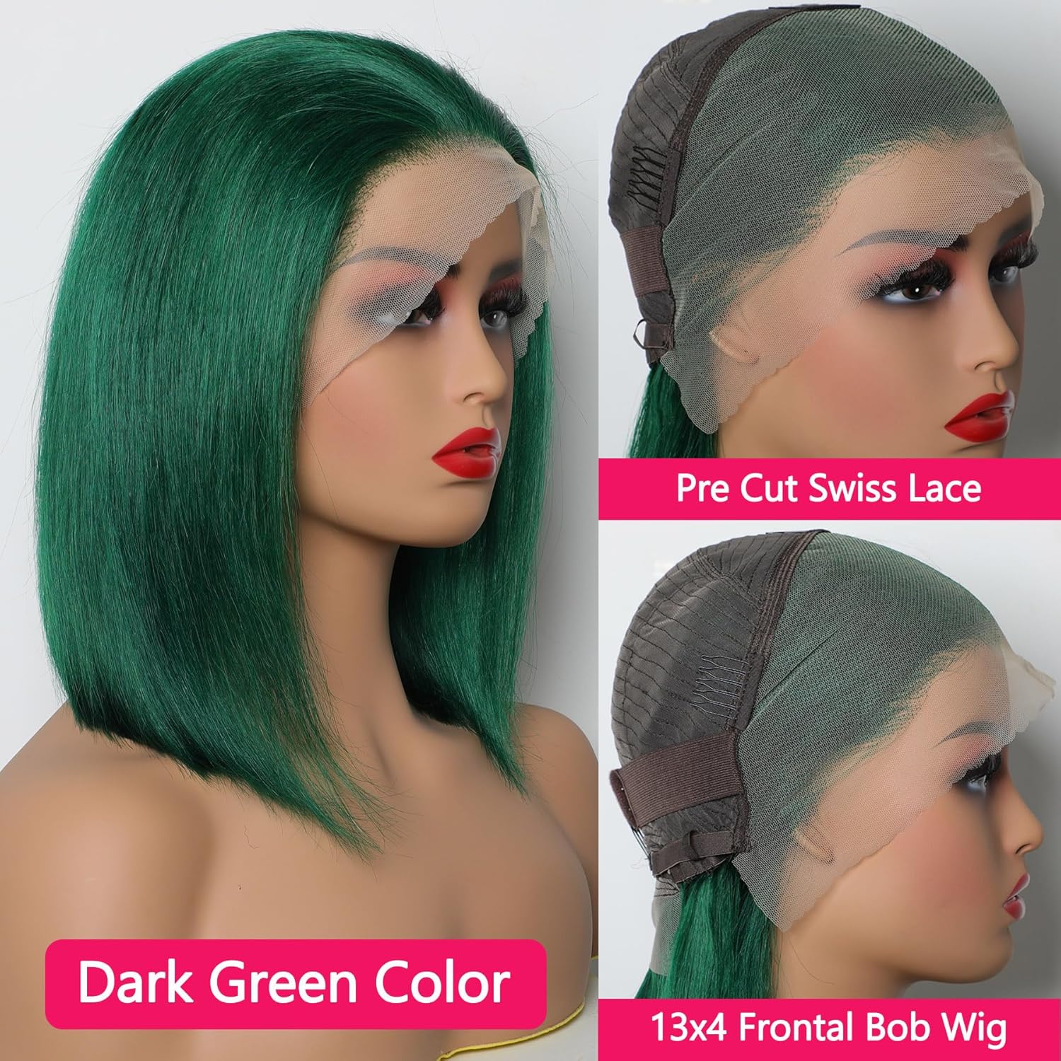 Glueless Dark Green Lace Frontal Bob Wig, Short Straight 14 Inch Human Hair, 180% Density - Image 2