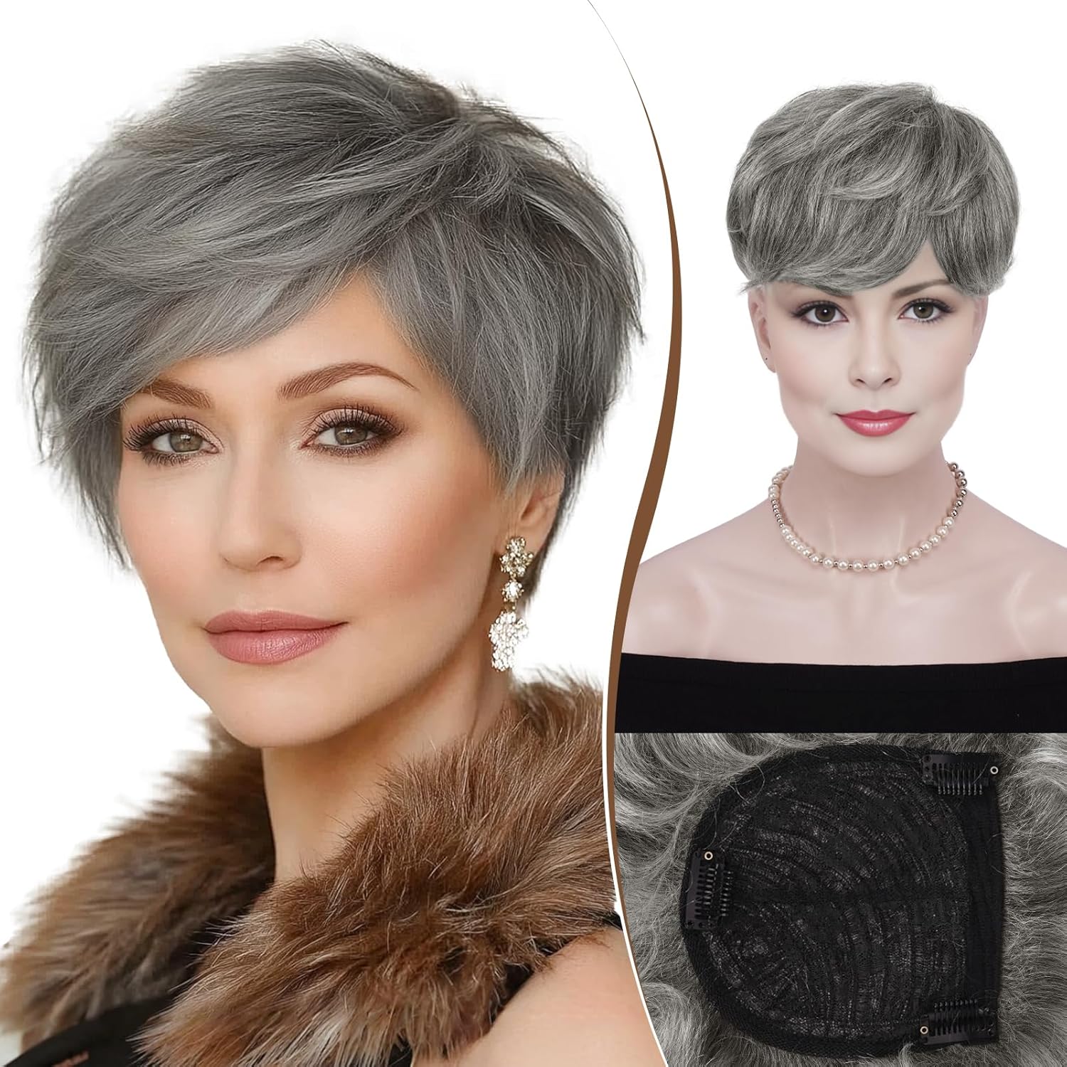 RUWISS Short Hair Toppers for Women Real Human Hair, 5x5.5 Base Pixie Cut with Bangs, Clip-In Curly Hair Pieces for Women with Thinning Hair, Gray and White Tips