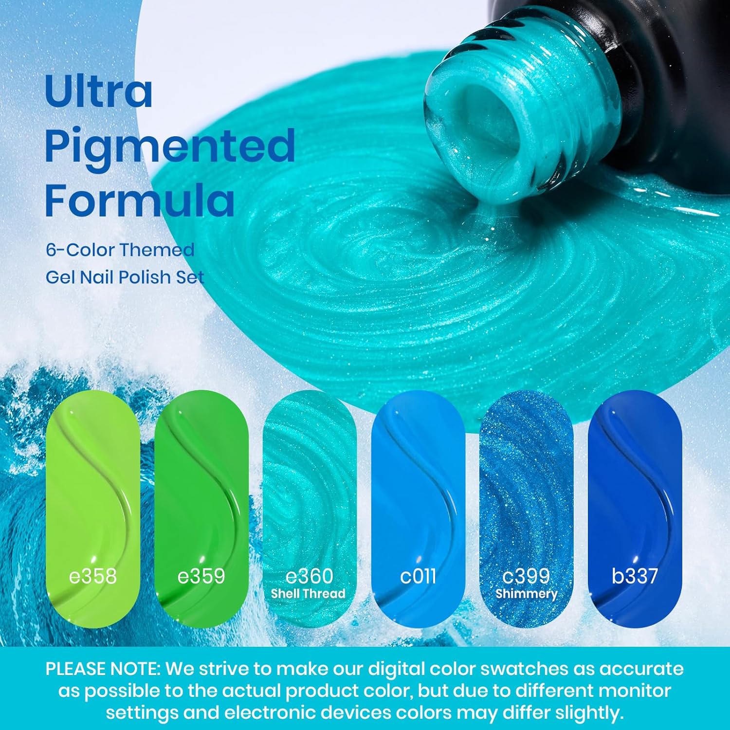 Beetles Summer Blue Gel Polish Kit 6 Shimmer Colors Glitter Swirl Effect for Home Manicure - Image 3