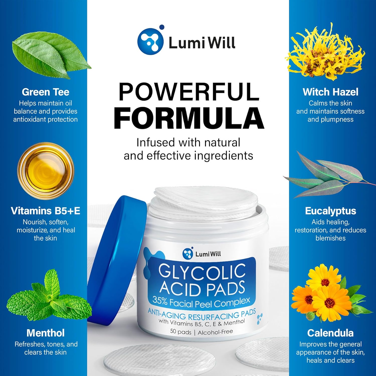 Glycolic Acid Exfoliating Pads with Vitamins B5, C, E & Menthol 50 Count for Acne Anti-Aging - Image 2