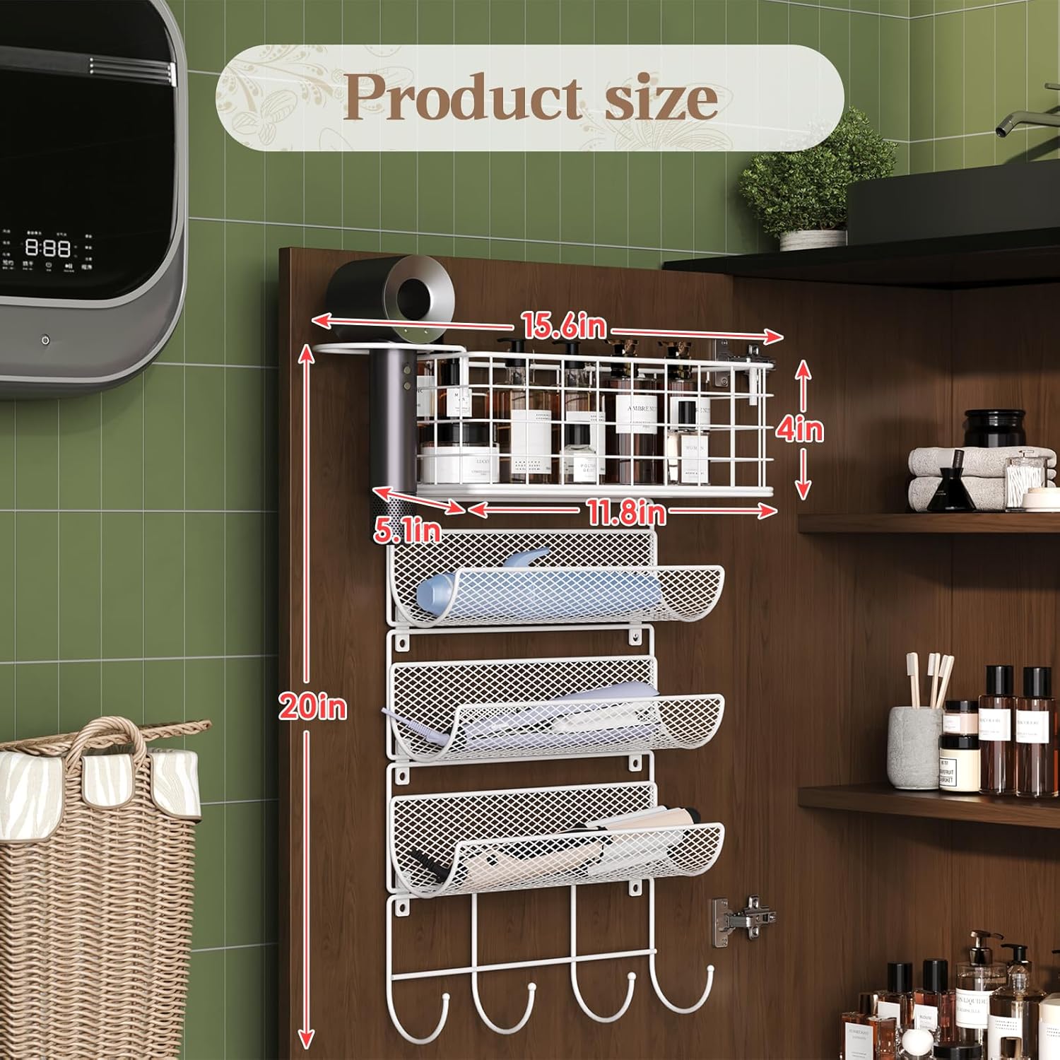 Wall-Mounted Hair Dryer Holder Organizer with 4 Shelves and Hooks for Styling Tools - Image 7