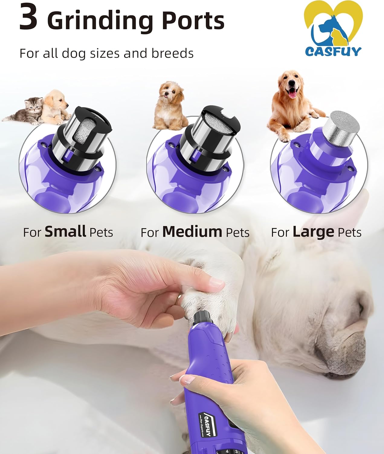 Casfuy Quiet Dog Nail Grinder 6-Speed with LED Lights for All Dog Sizes, Rechargeable - Image 3