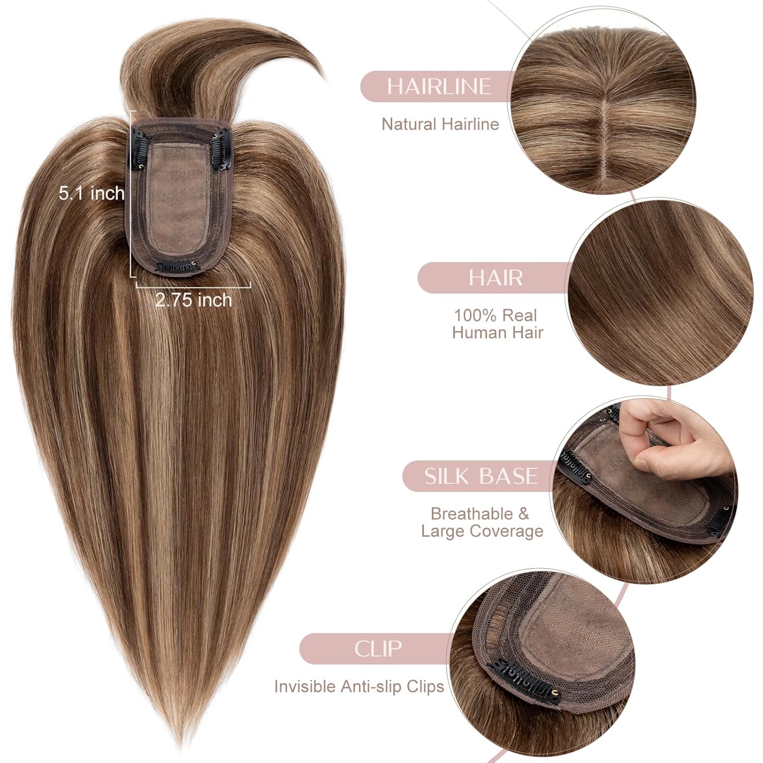Chocolate Brown & Light Brown Human Hair Topper with Bangs 2.75x5.1 Inch Silk Base - Image 5