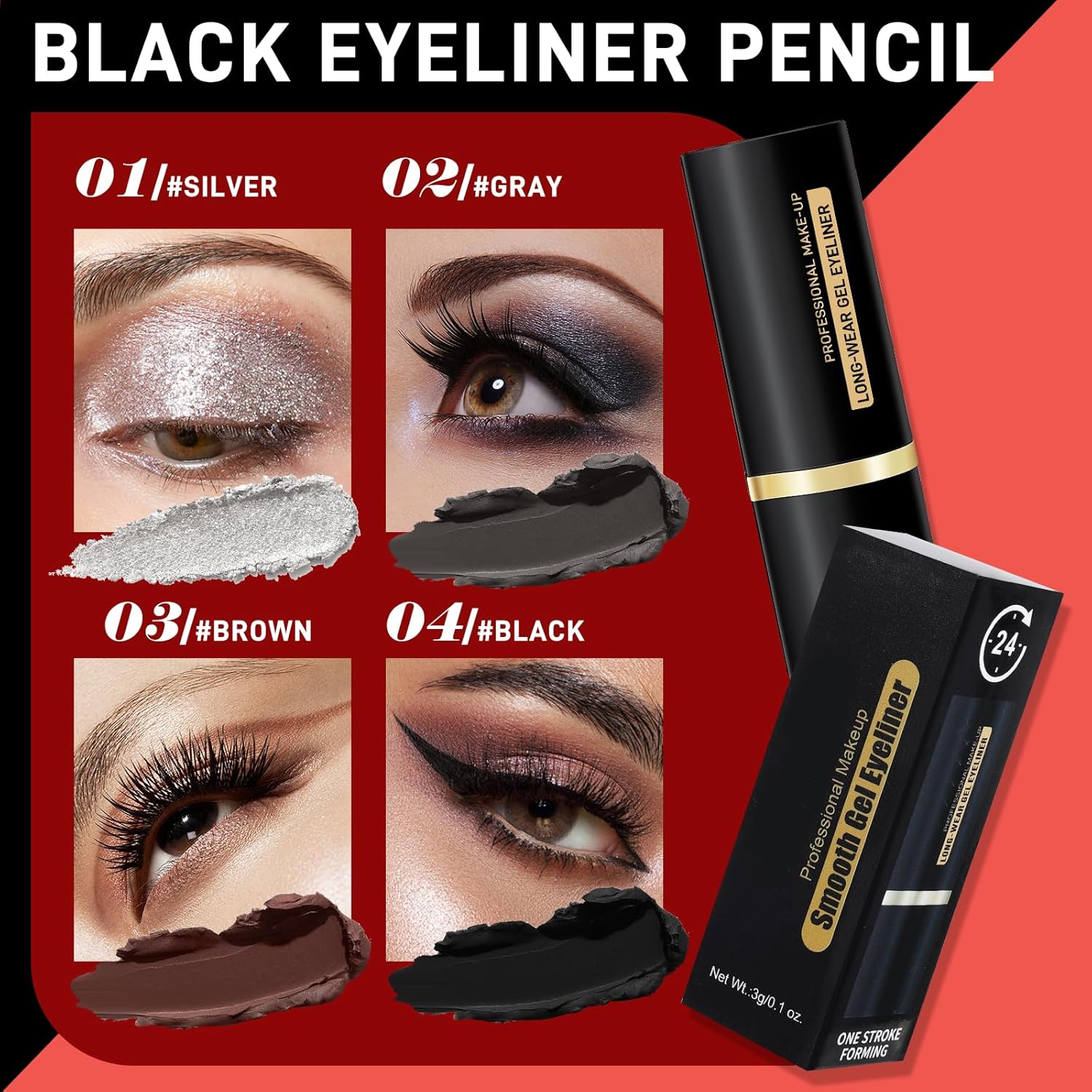 Lucoss Black Gel Eyeliner Pencil - Waterproof and Smudge Proof Face Paint Stick for Women, 0.3 oz - Image 3