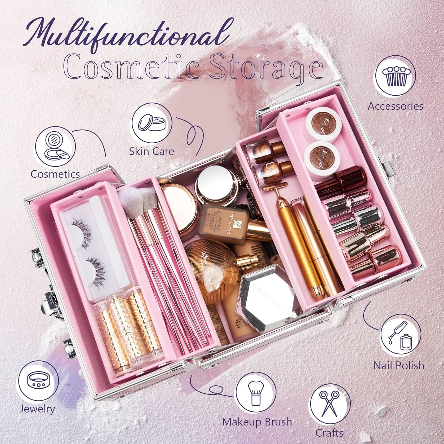 FRENESSA Mermaid Pink Portable Makeup Train Case Organizer with Locking Nail Kit - Image 2