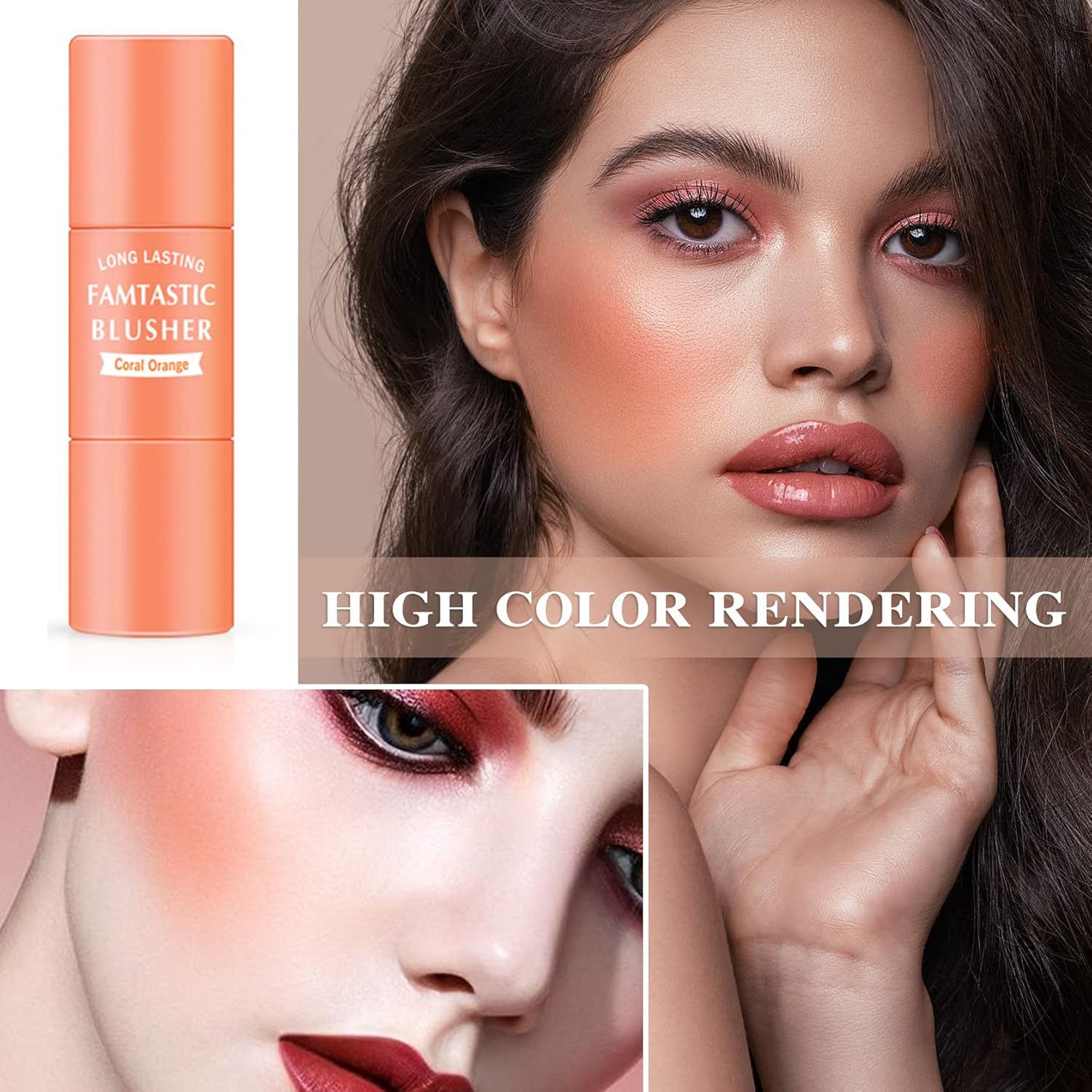 Waterproof Cream Blush Stick with Built-in Brush 0.35 oz Coral Orange - Image 2
