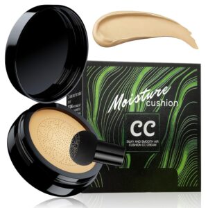 Mushroom Head Air Cushion CC Cream Foundation- Brightening Color Changing Foundation for Older Women, Moisturizing Full Coverage Self Adjusting Concealer Long-Lasting, Natural Finish (Buff Beige)