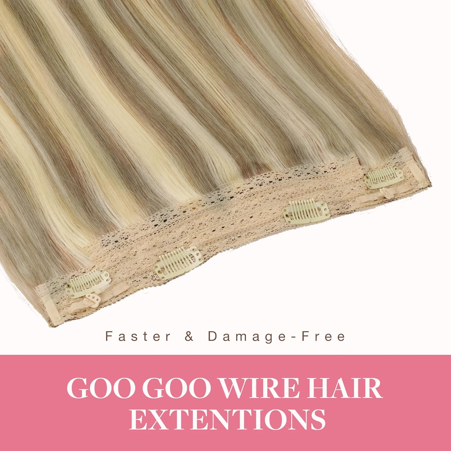 GOO GOO 12 Inch Invisible Wire Hair Extensions, 70g Human Hair in Light Blonde with Golden Highlights - Image 2