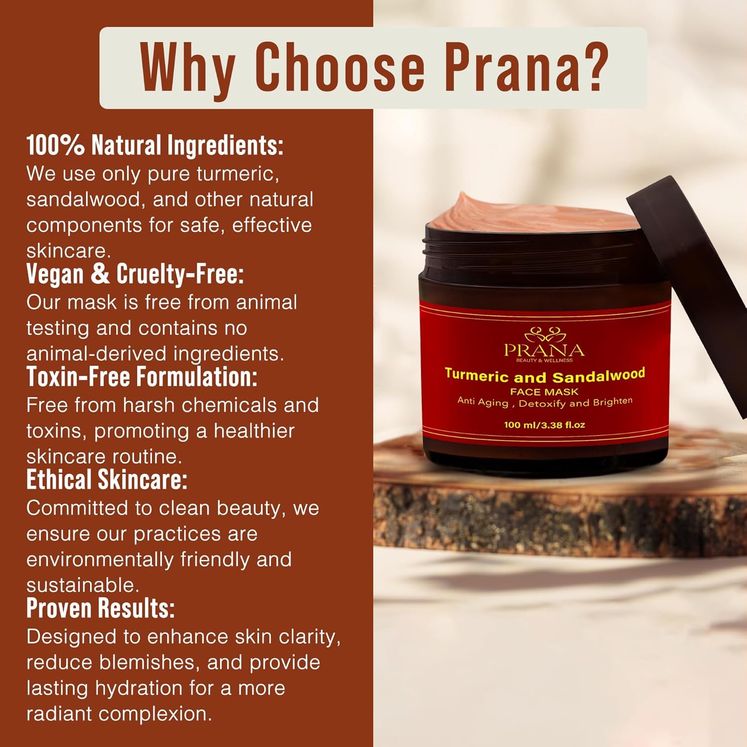 PRANA Sandalwood Turmeric 100ml Face Mask Natural Cleansing Brightening Vegan Cruelty-Free - Image 5
