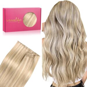 WENNALIFE Genius Weft Hair Extensions Real Human Hair, 18" 50g Dirty Blonde Highlighted Bleach Blonde Sew in Hair Extensions Natural Luxury Remy Human Hair for Women Straight Invisible