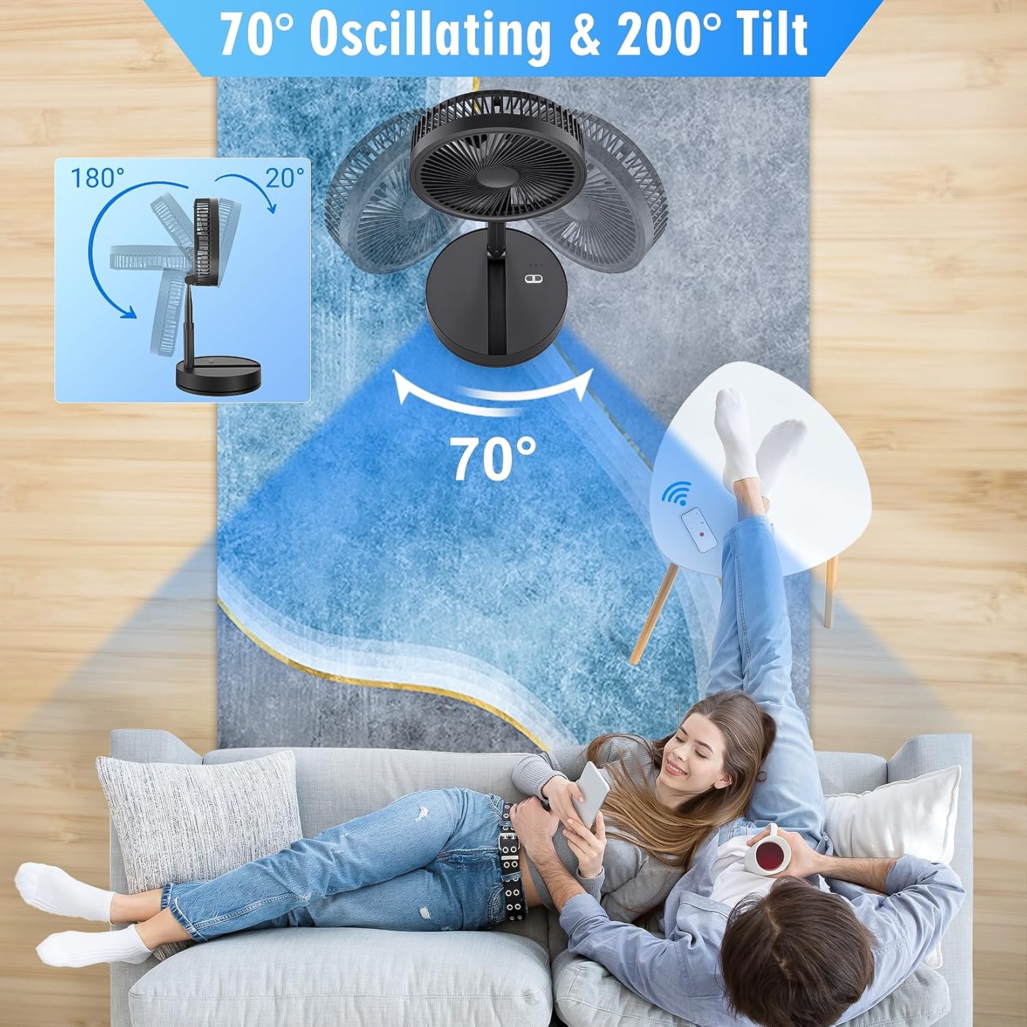 LIPETY 9-Inch Portable Foldable Rechargeable Oscillating Fan 7200mAh Battery Remote Control - Image 2