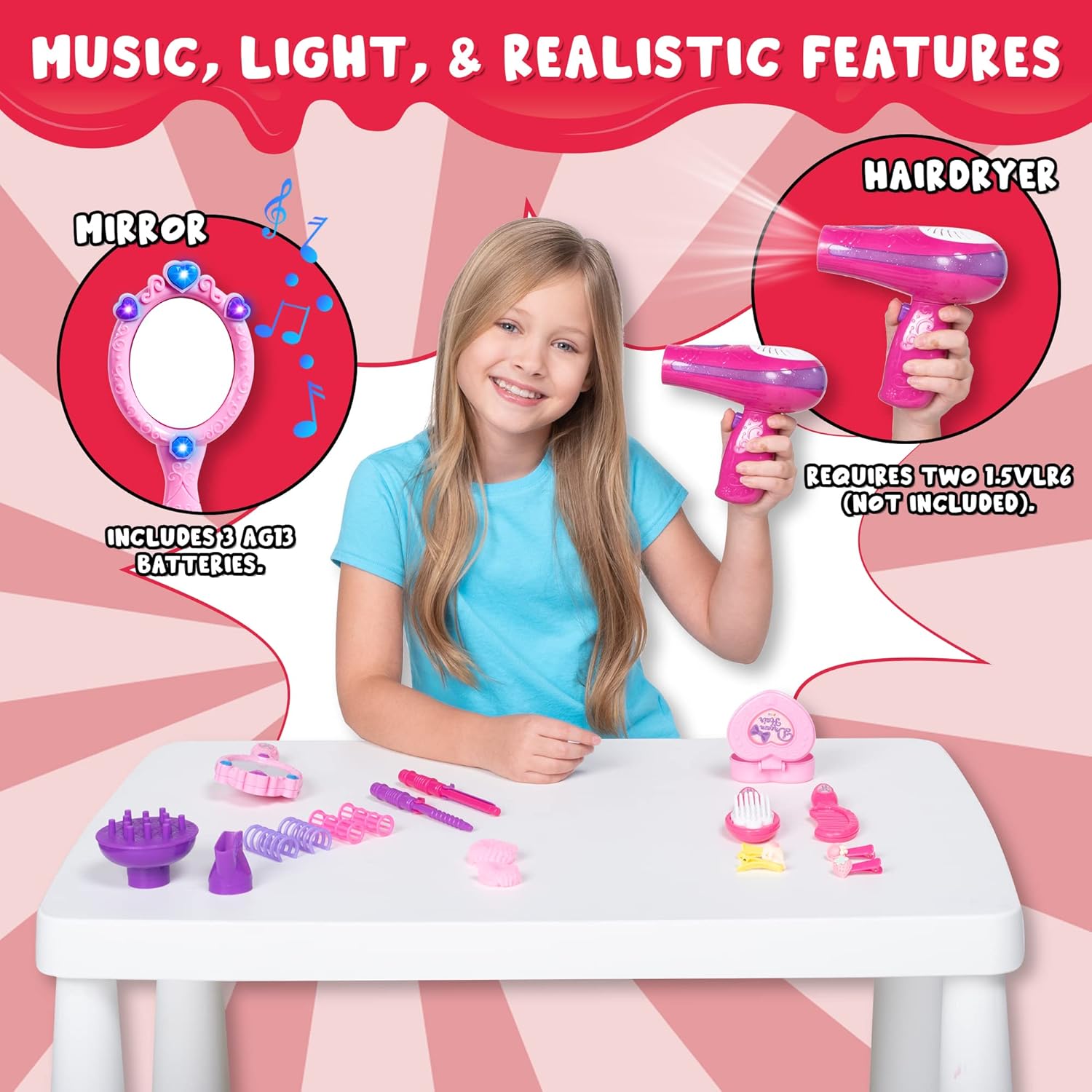 JOYIN 17-Piece Pretend Play Beauty Salon Playset for Girls with Toy Hairdryer, Mirror, Curling Iron, and Accessories - Image 2