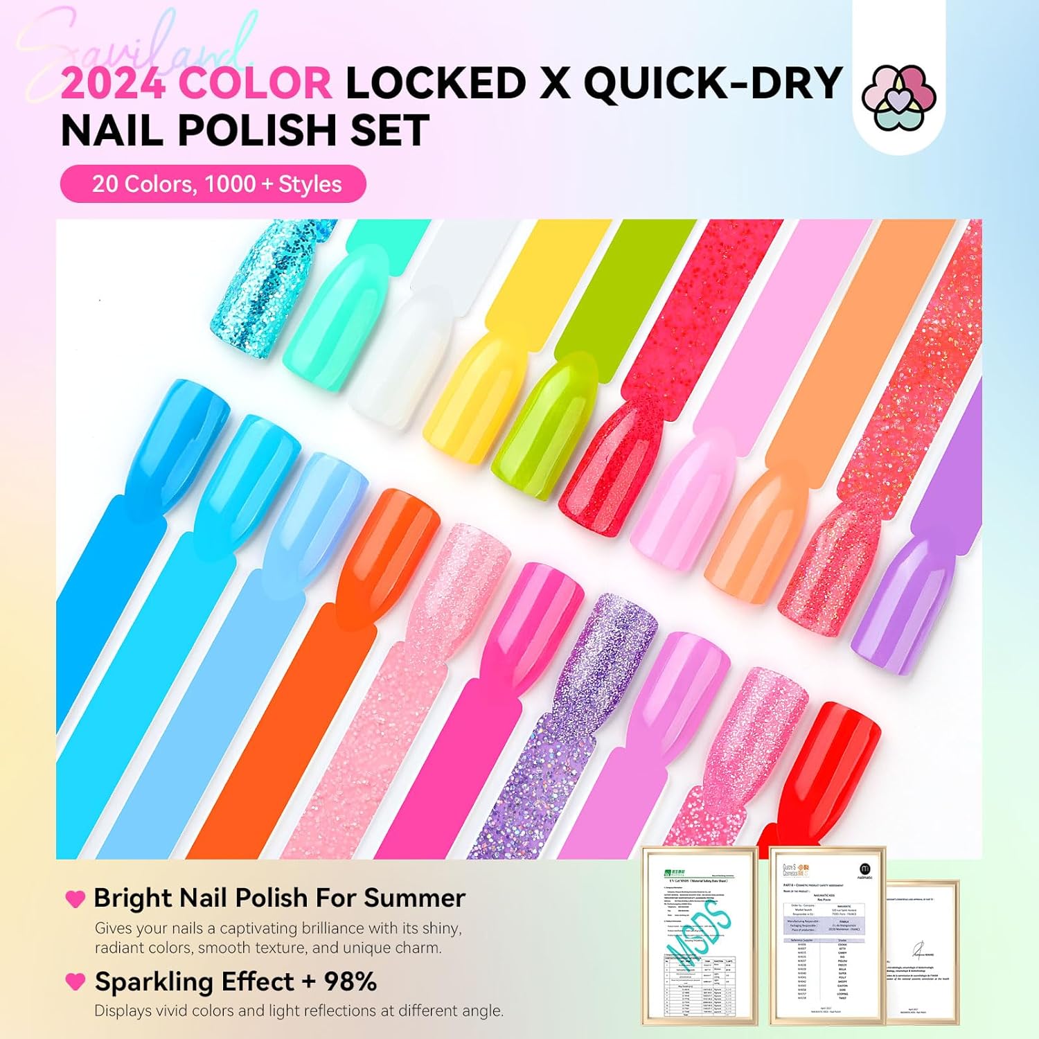 Saviland 20pc Quick-Dry Neon Nail Polish Set with Castor Oil & Top Coats - Image 2