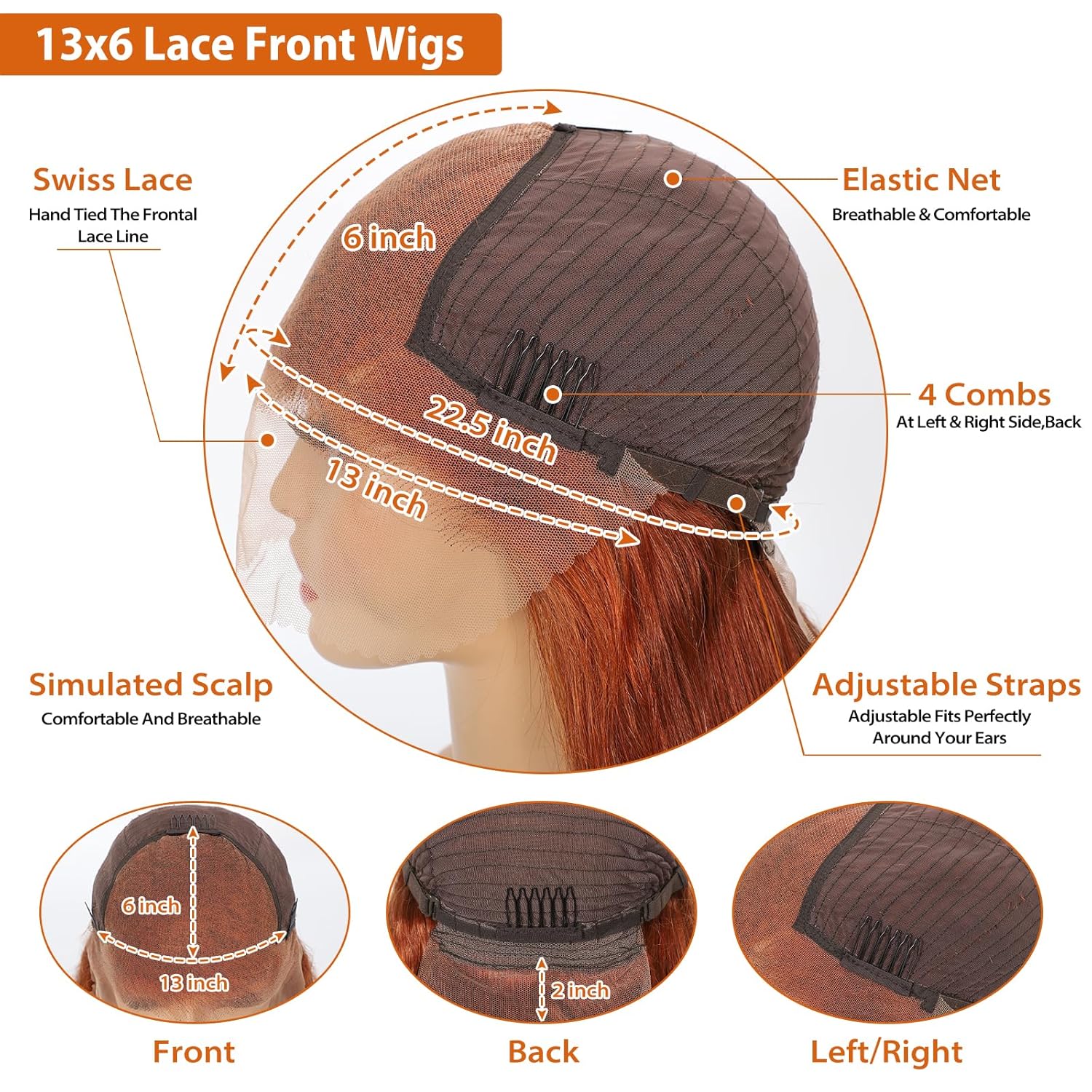 Ginger Orange 13x6 Lace Front Wig for Women, 30 Inch Straight Human Hair, 180% Density - Image 4