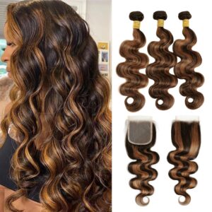 Brown Ombre Highlight Body Wave 3 Bundles with 4x4 Closure 18 20 22+18 In Human Hair HD Lace Free Part, Soft and Glossy 12A Balayage Blonde #1b/30 Color 100% Human Hair Bundles with Closure
