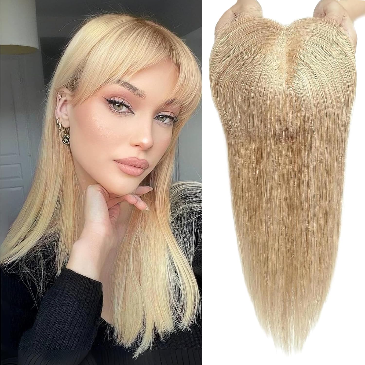 EMMOR Women's Hair Topper with Bangs, 150% Density Human Hair, Silk Base, Three Clips, 10 inch Bleach Blonde