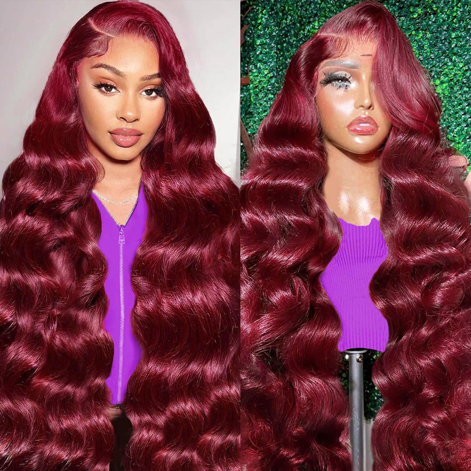 30 Inch 99J Burgundy Body Wave Human Hair Lace Front Wig 180% Density - Image 7