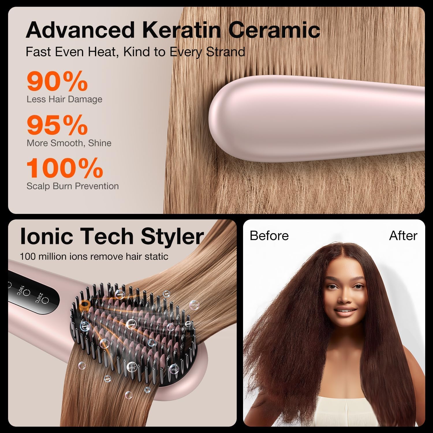 Llano Rechargeable 6400mAh Cordless Mini Hair Straightener Brush Comb Rose Pink Lightweight - Image 6