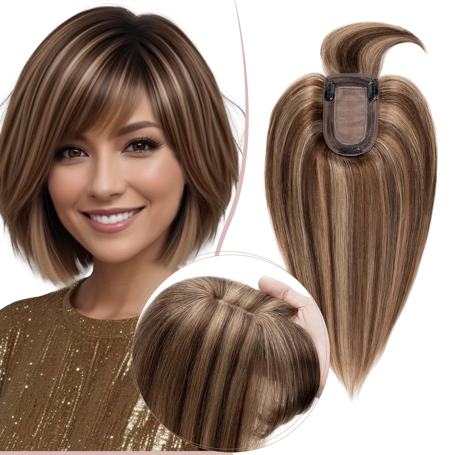 Human Hair Topper with Bangs Hair Toppers for Women Real Human Hair Silk Base Clip In 2.75 * 5.1 Inch Topper Increase Hair Volume 6 Inch #4P27 Chocolate Brown Mixed Light Brown
