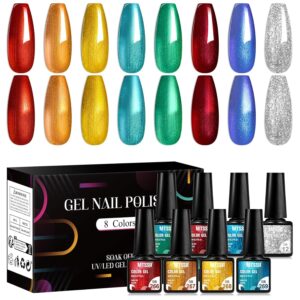 MTSSII Chrome Gel Nail Polish Set, 8 Metallic Colors: Silver, Gold, Red, Yellow, Green, Blue - UV/LED Glossy Mirror Effect Nail Gel for Home Salon DIY Manicure