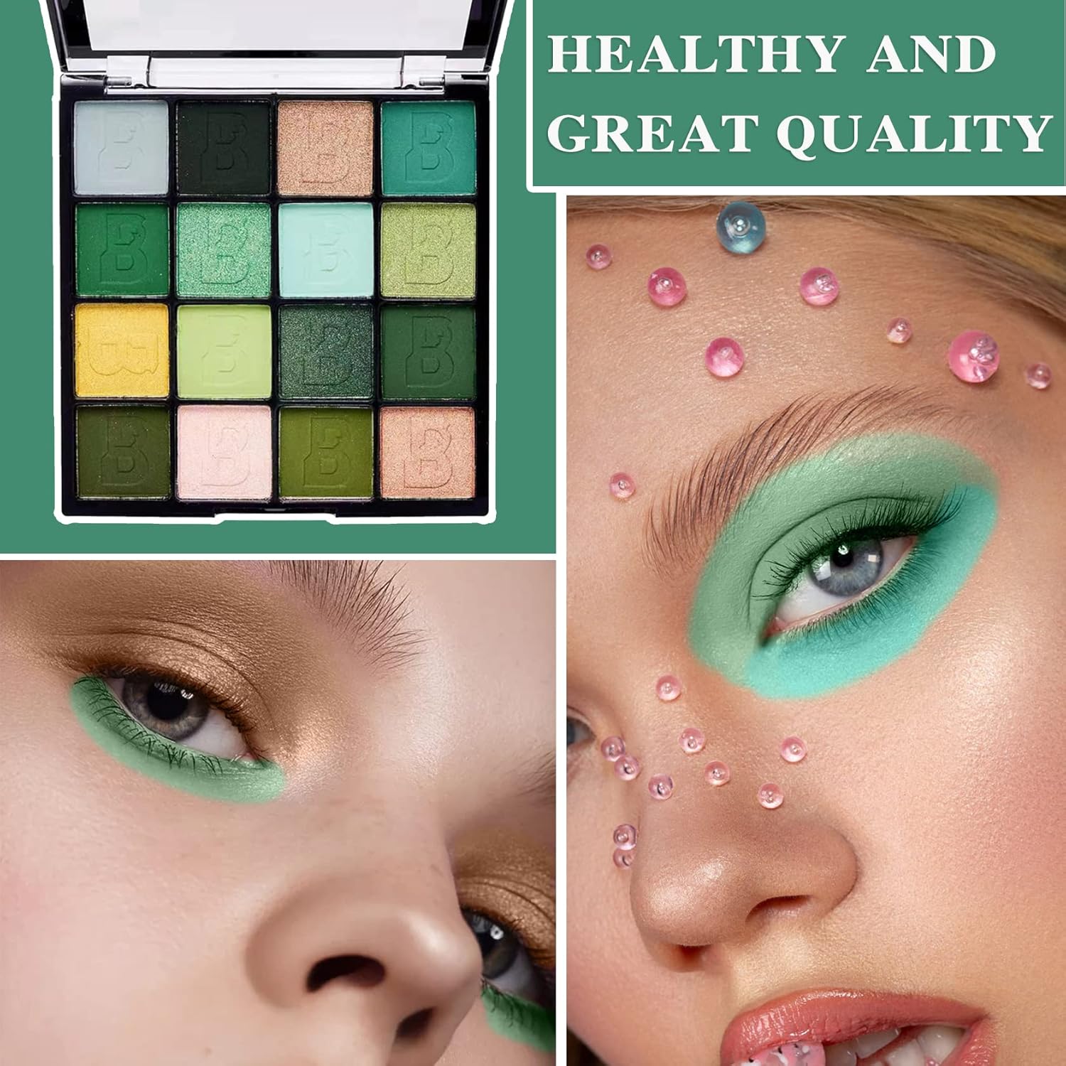 16-Color Green Shimmer Eyeshadow Palette Waterproof Matte Metallic Makeup Powder Set - Image 6