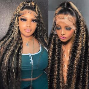 Highlight Deep Wave Lace Front Wigs Human Hair 26 Inch 13x6 HD Transparent Lace Front Wigs 200 Density 1/27 Glueless Ombre Honey Blonde Curly Wig for Women Pre Plucked with Baby Hair