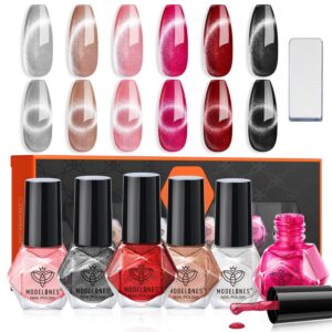 modelones Nail Polish Set, 6 Colors Cat Eye Silver Black Shimmer Glitter with Magnet Quick Dry Nail Polish Set Bulk Manicure Diy Nail Art Salon Home Gift for Women Girl