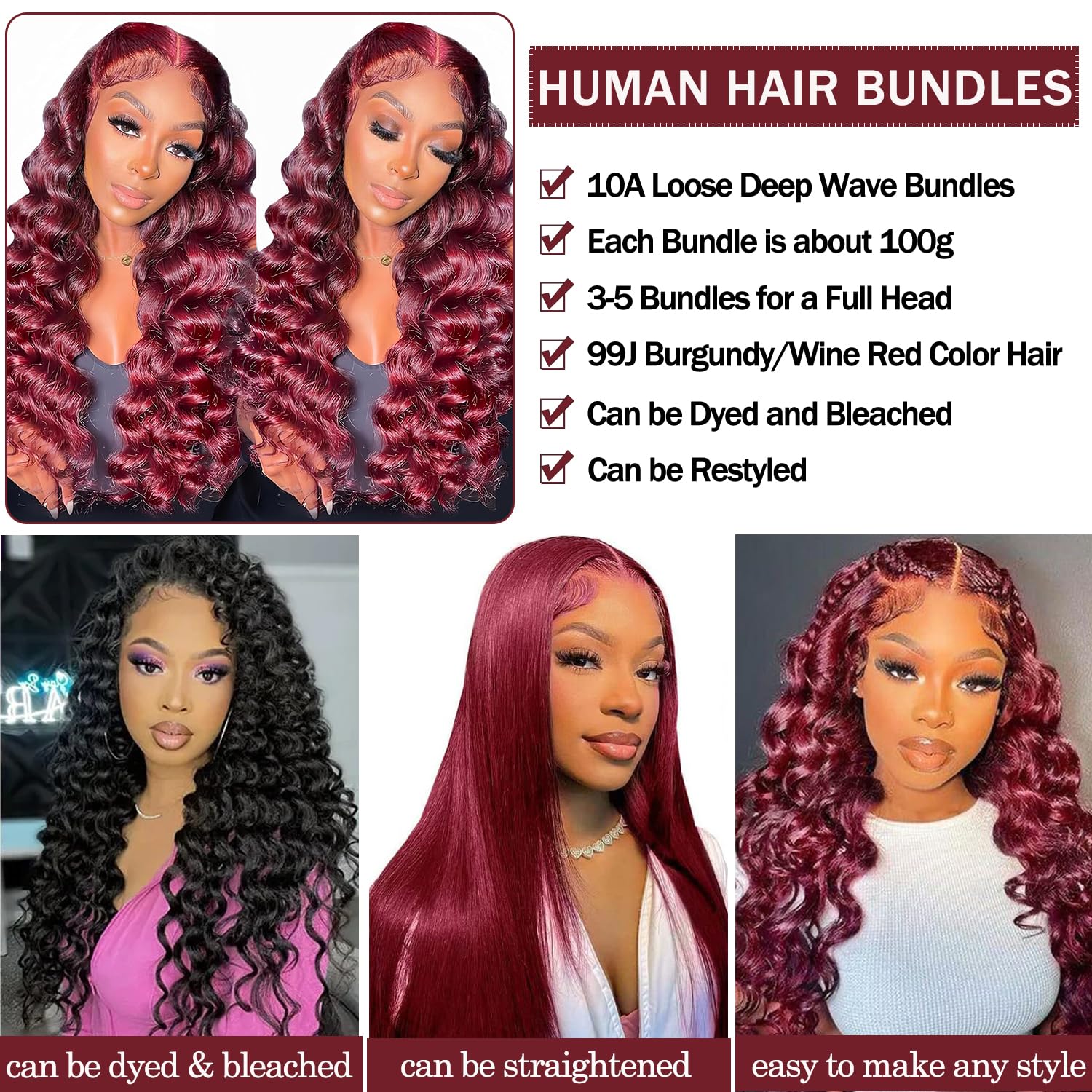 99J Burgundy Loose Deep Wave 100% Human Hair Bundles with 4x4 Lace Closure 20 Inch - Image 7
