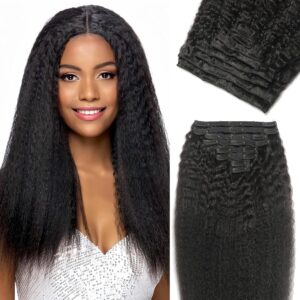 Kinky Straight Clip in Hair Extensions Human Hair Clip in Extensions 8Pcs 110g Double Weft #1B Natural Black Hair Extensions Human Hair Full Head Invisible(16Inch)