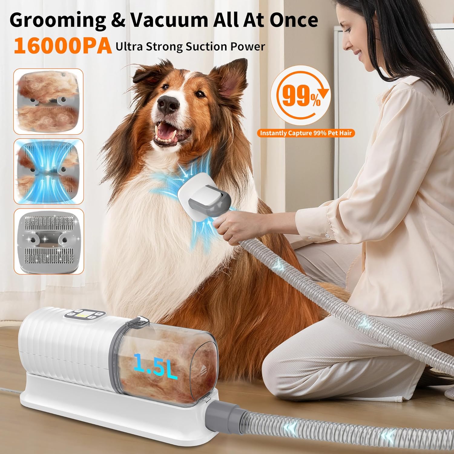 6-in-1 Dog Grooming Vacuum Hair Dryer with Clippers Combs for Shedding Control - Image 5