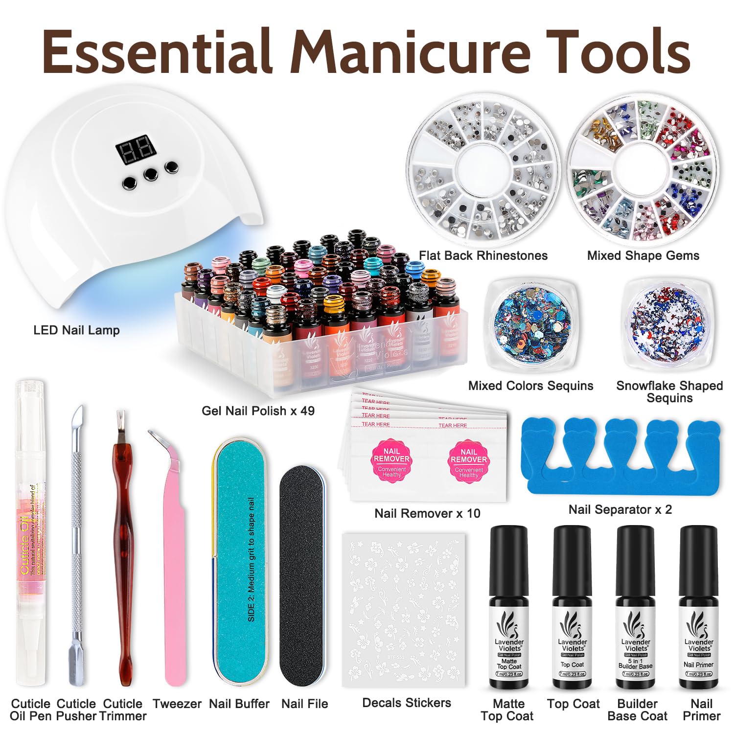 Lavender Violets 73 Piece Gel Nail Polish Kit with UV Lamp 45 Colors and Accessories - Image 4