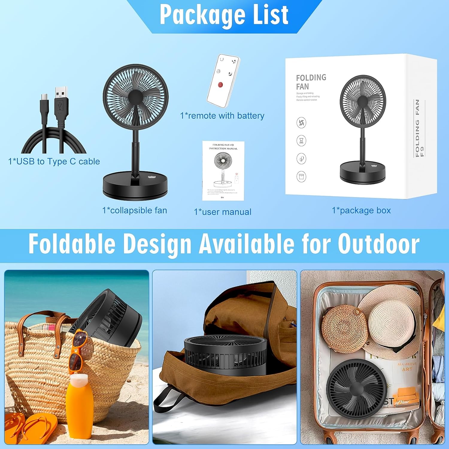 LIPETY 9-Inch Portable Foldable Rechargeable Oscillating Fan 7200mAh Battery Remote Control - Image 8