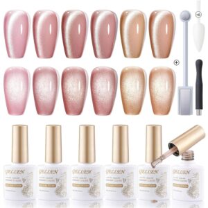 GELLEN Glitter Cat Eye Gel Nail Polish Set with Magnet, 6 Colors Pink Nude Gold Gel Polish Kit, Romantic Pink Champagne Manicure Set, Sparkle Gel Polish Gift for Home Salon Nail Design