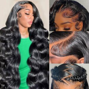 32 Inch 13x6 Body Wave Lace Front Wigs Human Hair 200 Density HD Lace Front Wigs Pre Plucked Brazilian Virgin Human Hair Wigs for Women Glueless Frontal Wigs Human Hair Natural Black Body Wave Wig