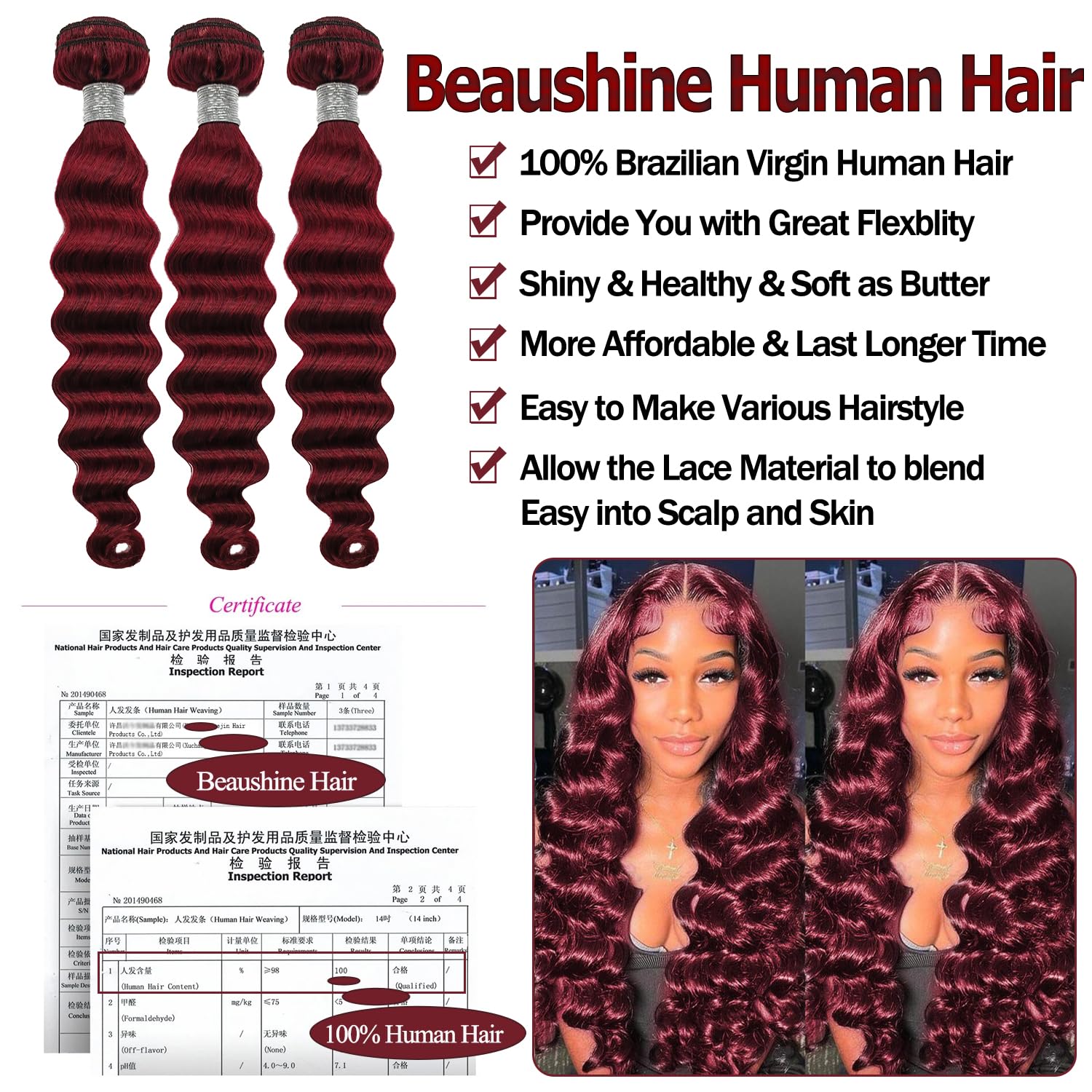 99J Burgundy Loose Deep Wave 100% Human Hair Bundles with 4x4 Lace Closure 20 Inch - Image 5