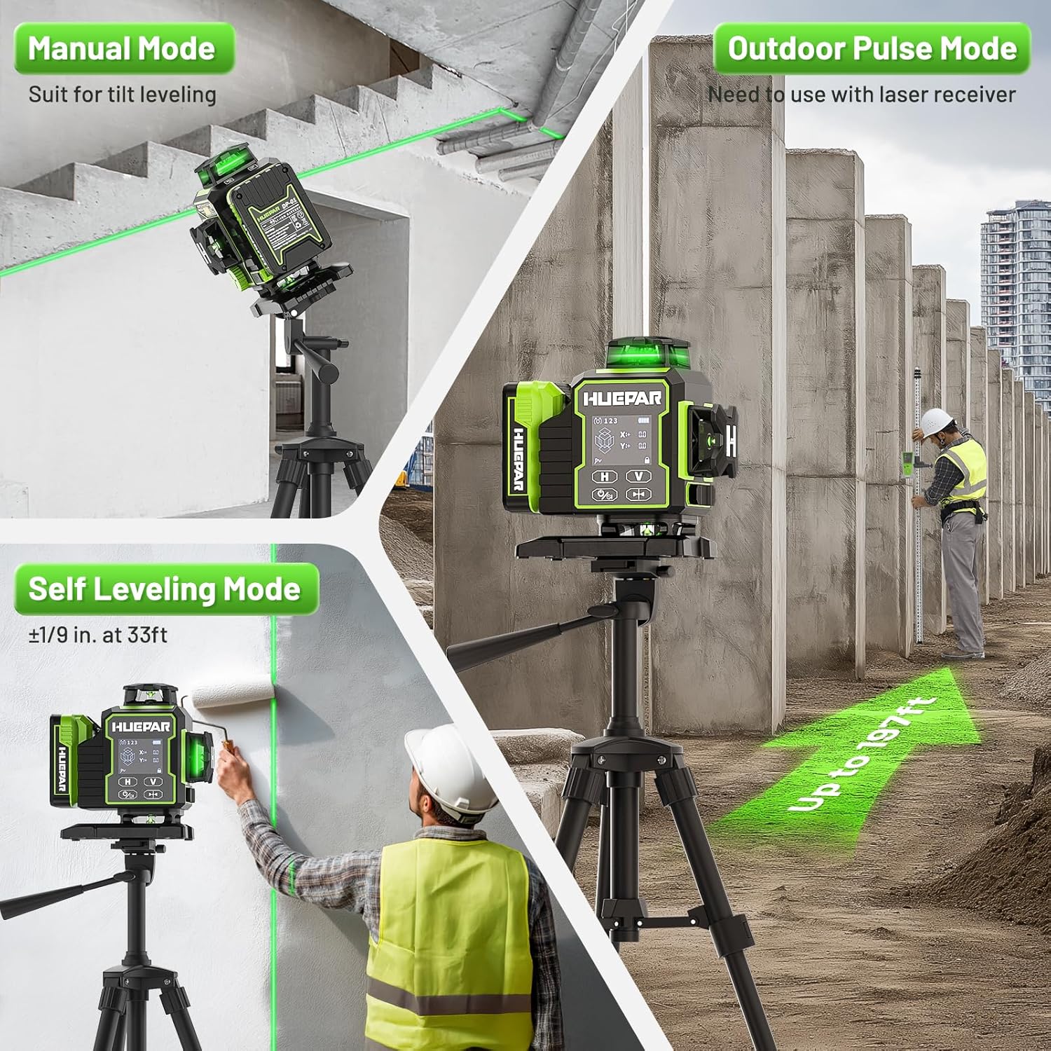 Huepar W04CG 4D 16-Line Green Laser Level Self Leveling Tool with Bluetooth & Electric Base - Image 7