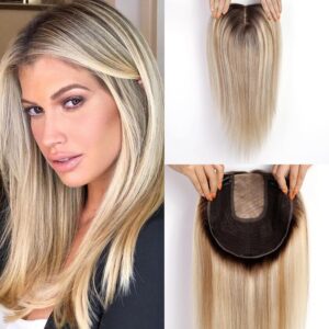 starluck 16 inch Hair Toppers for Women 7"*8" Large Base Light Brown with Blonde Highlight Real Human Hair Topper No Bangs HairToppers for Women with ThinningHair Cover Gray Roots Add Volume