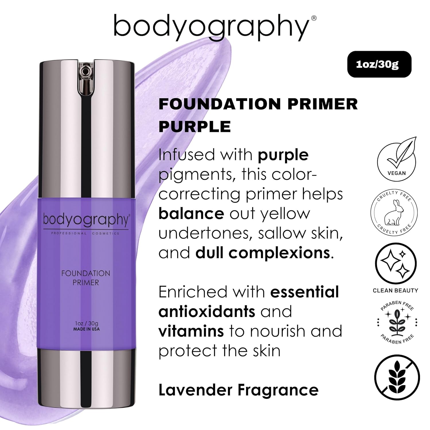 BODYOGRAPHY Foundation Primer (Purple) 1 oz - Anti-Aging Makeup Primer with Vitamin E, Jojoba, and Grapeseed Oil, Gluten-Free, Cruelty-Free - Image 3
