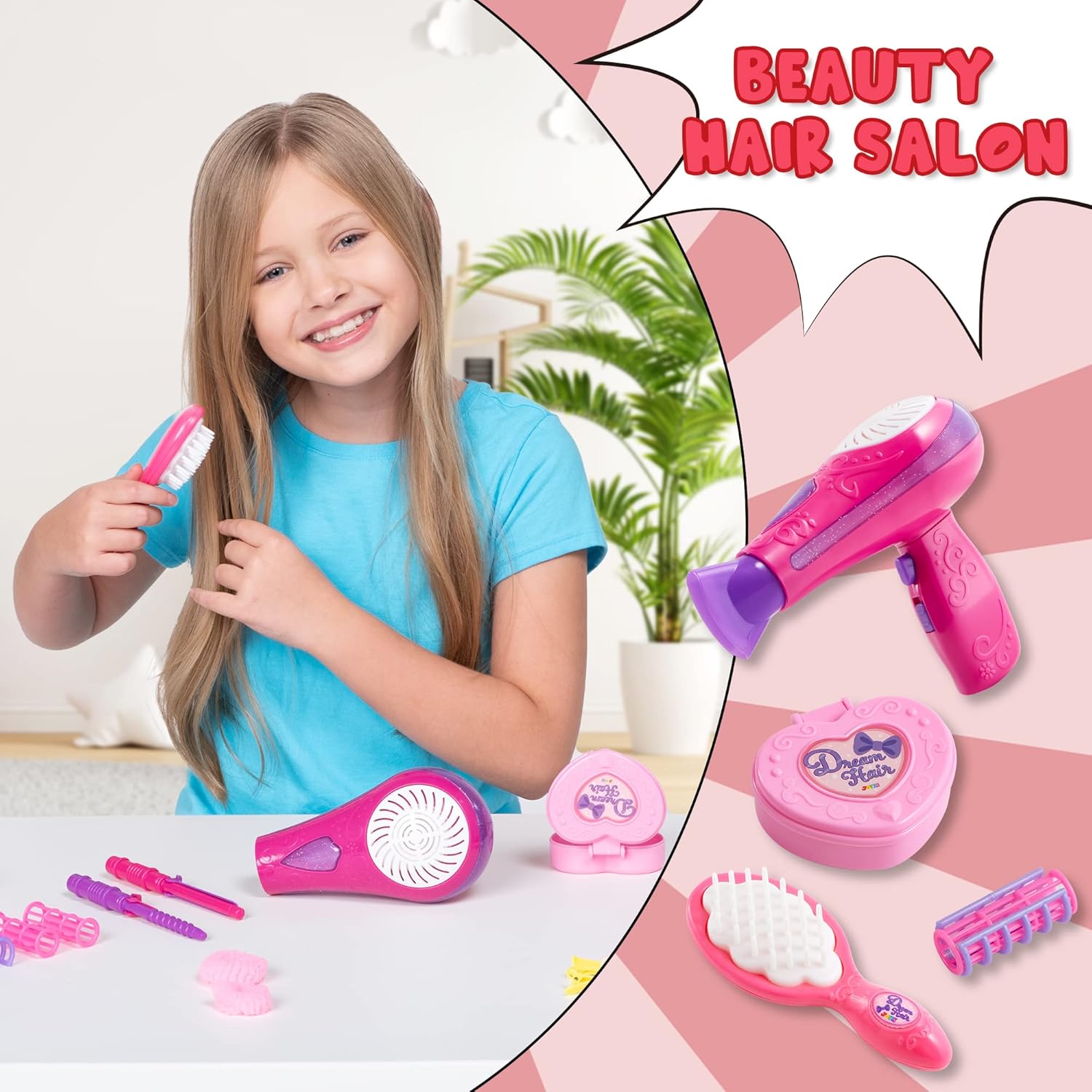 JOYIN 17-Piece Pretend Play Beauty Salon Playset for Girls with Toy Hairdryer, Mirror, Curling Iron, and Accessories - Image 5
