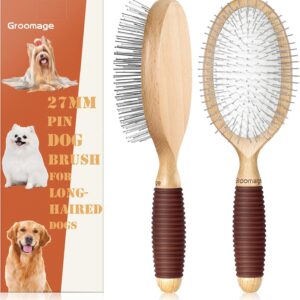 Dog Brush for Long Haired Dogs, 27mm Extra Long Pin Brush for Grooming, Shedding - Beech Wood Material, Non-Slip Rubber Handle, Round-Tipped Pins