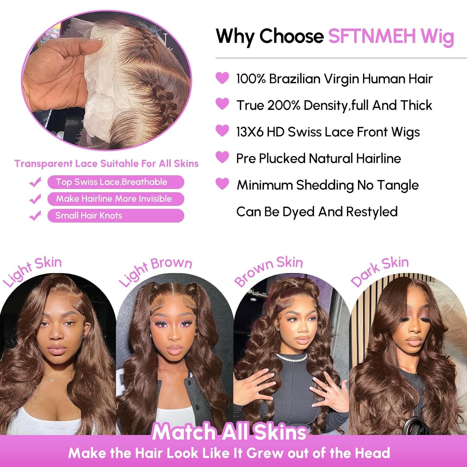 Chocolate Brown 13x6 HD Body Wave Human Hair Lace Front Wig 12 Inch 200 Density - Image 3