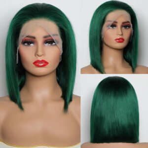 Dark Green Lace Frontal Bob Wig - Human Hair, Glueless, Short Straight Bob, 13x4, 180% Density Brazilian Remy, 14 Inch