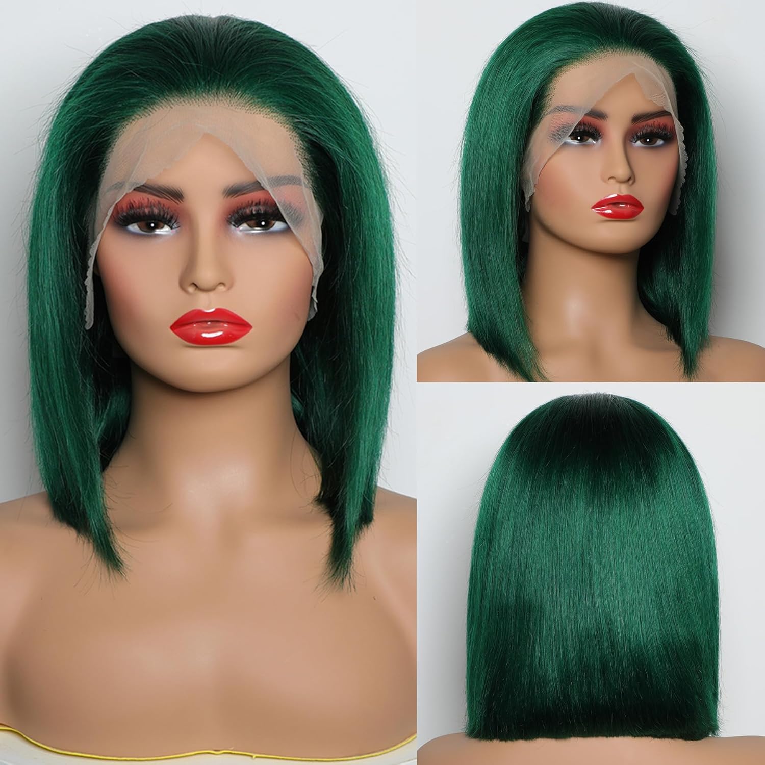 Dark Green Lace Frontal Bob Wig - Human Hair, Glueless, Short Straight Bob, 13x4, 180% Density Brazilian Remy, 14 Inch